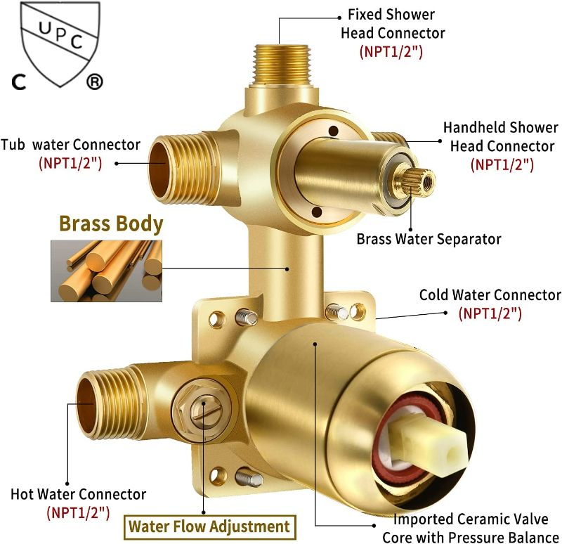 Photo 6 of HomGoo Shower System with Tub Spout, Tub Shower Faucet Set with High Pressure 10" Rain Shower head and 5-Setting Handheld Shower Head Set, Pressure Balance Valve included, Brushed Gold
