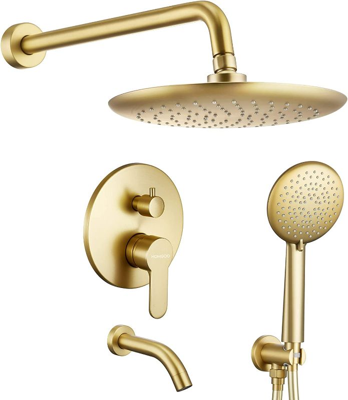Photo 1 of HomGoo Shower System with Tub Spout, Tub Shower Faucet Set with High Pressure 10" Rain Shower head and 5-Setting Handheld Shower Head Set, Pressure Balance Valve included, Brushed Gold

