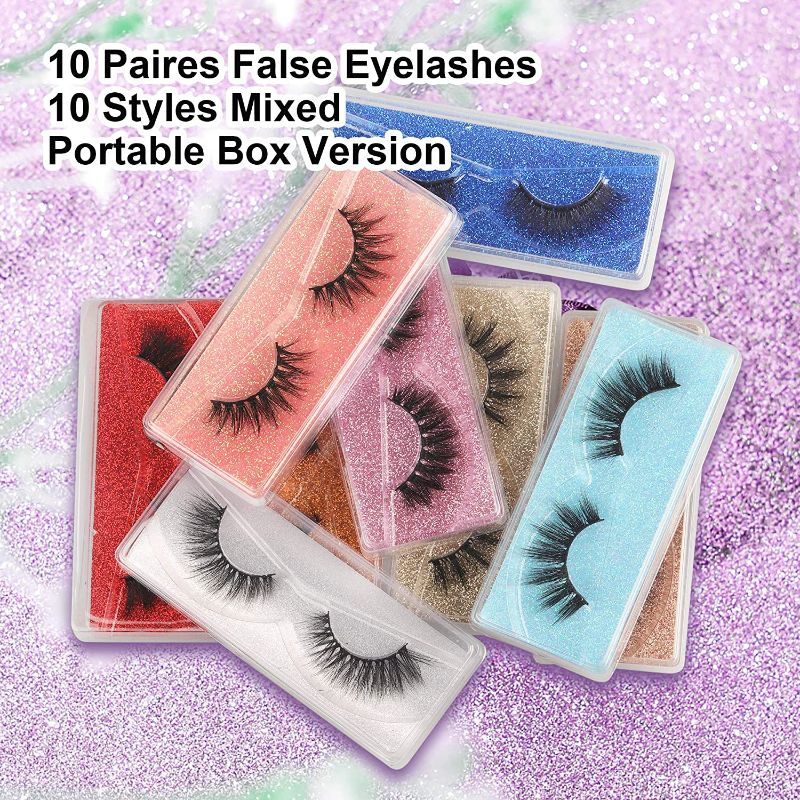 Photo 4 of False Eyelashes Wispy 18mm Natural 3D Faux Mink Lashes Pack 10 Pairs 10 Styles Mixed Soft Reusable Fake Eyelashes Bulk with Glitter Portable Boxes
