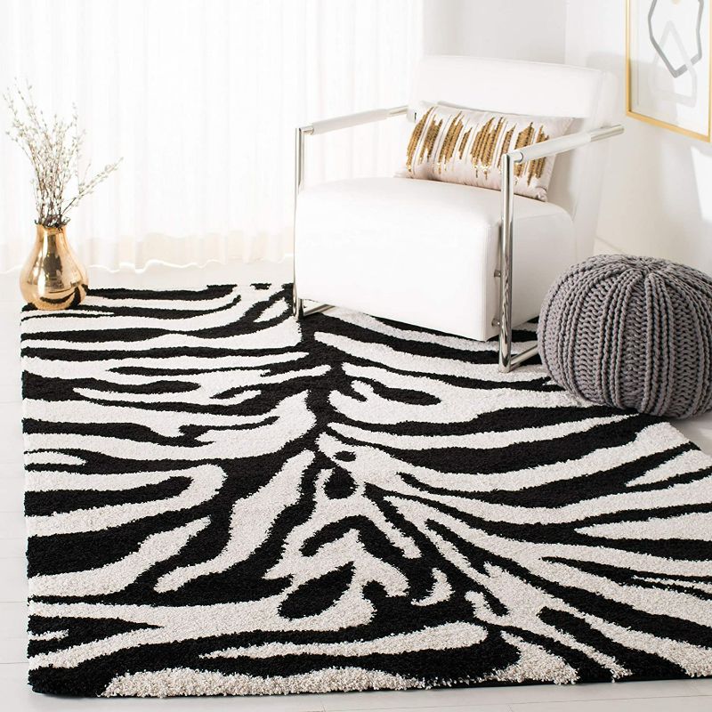 Photo 1 of SAFAVIEH Florida Shag Collection 8' x 10' Ivory / Black SG452 Zebra Print Non-Shedding Living Room Bedroom Dining Room Entryway Plush 1.2-inch Thick Area Rug
