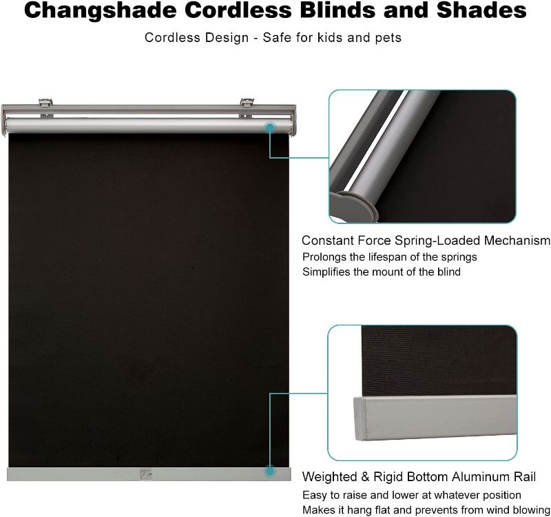 Photo 2 of Changshade Cordless & Blackout Roller Shade, Room Darkening Blind Rolled Up Shade, Fabric Window Blind, for Light Blocking /Sun Protection, 31 inches Wide, Black ROL31BK72A
