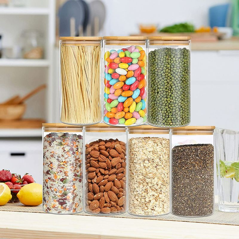 Photo 2 of Glass Food Storage Containers Jars with Airtight Bamboo Lids 12pcs, 12oz/350ml Pantry Organization Jar, Glass Terrarium with Lid, Beans, Tea, Flour & Sugar Container, Canister Set for Kitchen Counter