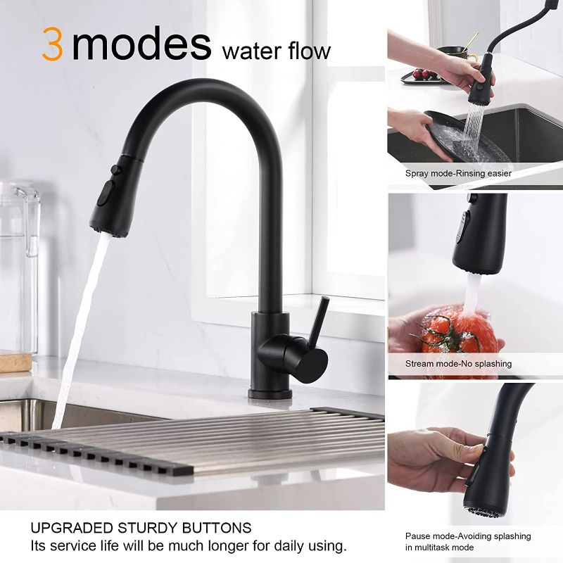 Photo 2 of Sink Faucet, Black Kitchen Faucet with Pull Down Sprayer VFauosit Commercial Stainless Steel Laundry Single Handle Pull Out Kitchen Faucets Matte Black, Grifo para Fregaderos de Cocina
