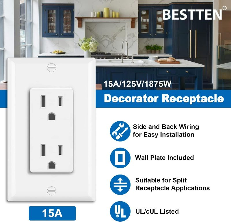 Photo 2 of [30 Pack] BESTTEN 15 amp Decorator Electrical Wall Receptacle Outlet, Non-Tamper-Resistant Decorative Sockets, 15A/125V/1875W, for Residential and Commercial Use, UL Listed, White
