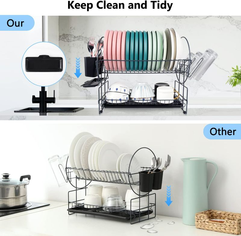 Photo 3 of Housen Solutions Dish Drying Rack, 2 Tier Rust-Resistant Dish Rack with Drainboard, Dish Racks for Kitchen Counter with Glass and Utensil Holder
