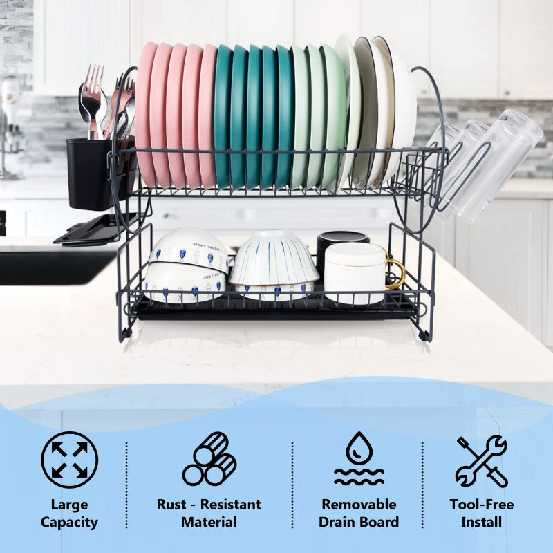 Photo 2 of Housen Solutions Dish Drying Rack, 2 Tier Rust-Resistant Dish Rack with Drainboard, Dish Racks for Kitchen Counter with Glass and Utensil Holder
