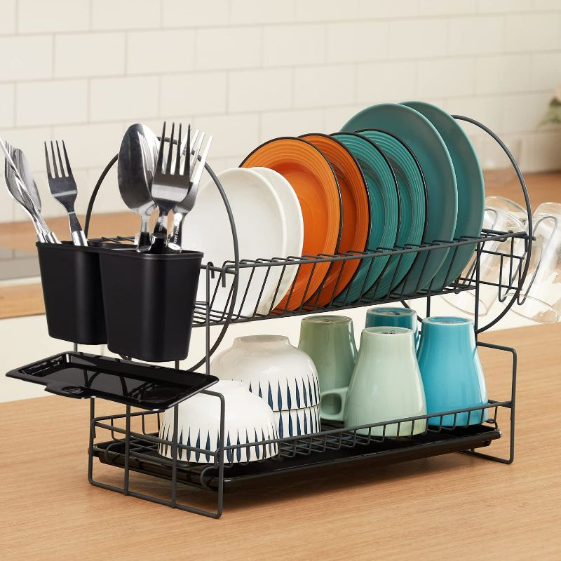 Photo 1 of Housen Solutions Dish Drying Rack, 2 Tier Rust-Resistant Dish Rack with Drainboard, Dish Racks for Kitchen Counter with Glass and Utensil Holder
