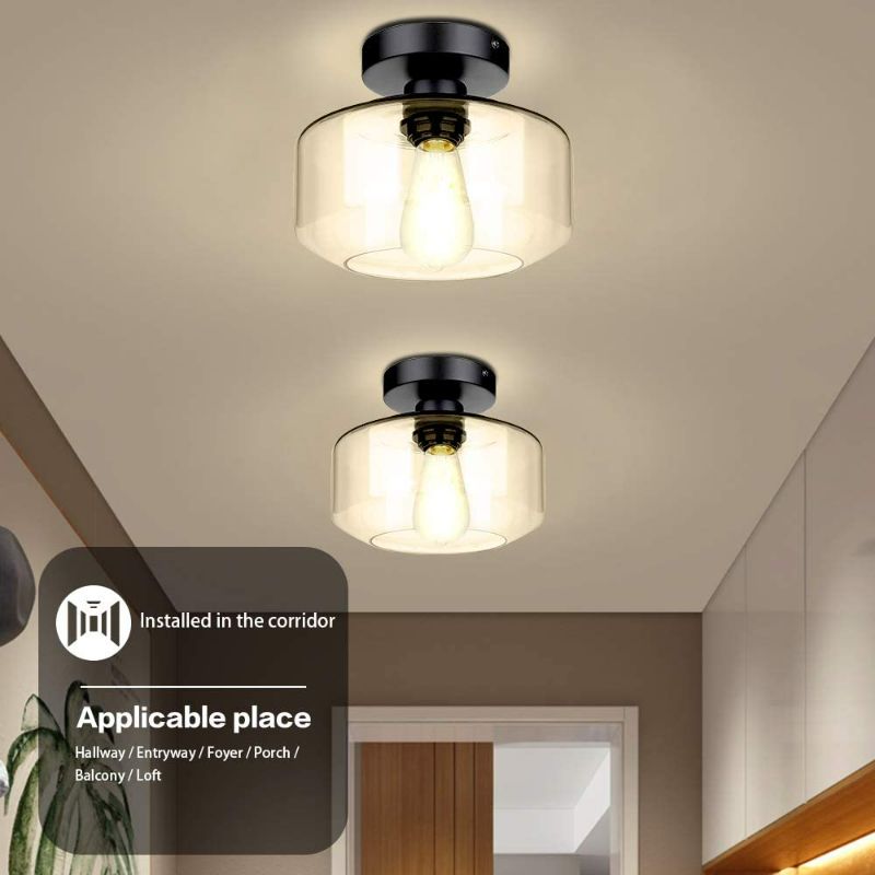 Photo 5 of Industrial Semi Flush Mount Ceiling Light, Farmhouse Light Fixture Clear Glass Pendant Lamp Shade with E26 Base, Ceiling Light Fixture for Hallway, Entry, Porch, Kitchen, Bedroom, Dining Room, Bar
