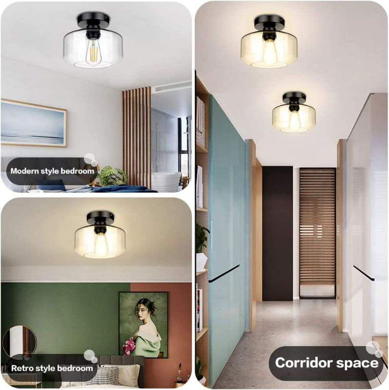 Photo 6 of Industrial Semi Flush Mount Ceiling Light, Farmhouse Light Fixture Clear Glass Pendant Lamp Shade with E26 Base, Ceiling Light Fixture for Hallway, Entry, Porch, Kitchen, Bedroom, Dining Room, Bar
