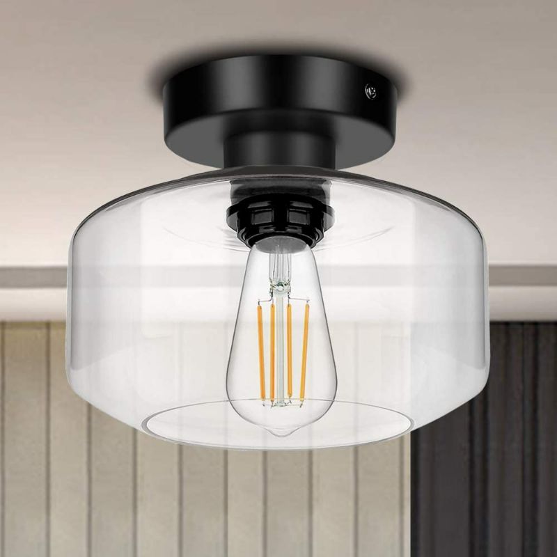 Photo 1 of Industrial Semi Flush Mount Ceiling Light, Farmhouse Light Fixture Clear Glass Pendant Lamp Shade with E26 Base, Ceiling Light Fixture for Hallway, Entry, Porch, Kitchen, Bedroom, Dining Room, Bar

