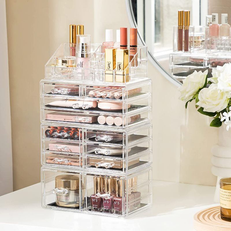Photo 4 of HBlife Makeup Organizer Acrylic Cosmetic Storage Drawers and Jewelry Display Box with 12 Drawers, 9.5 x 5.4 x 15.8 Inches, 4 Piece, Clear
