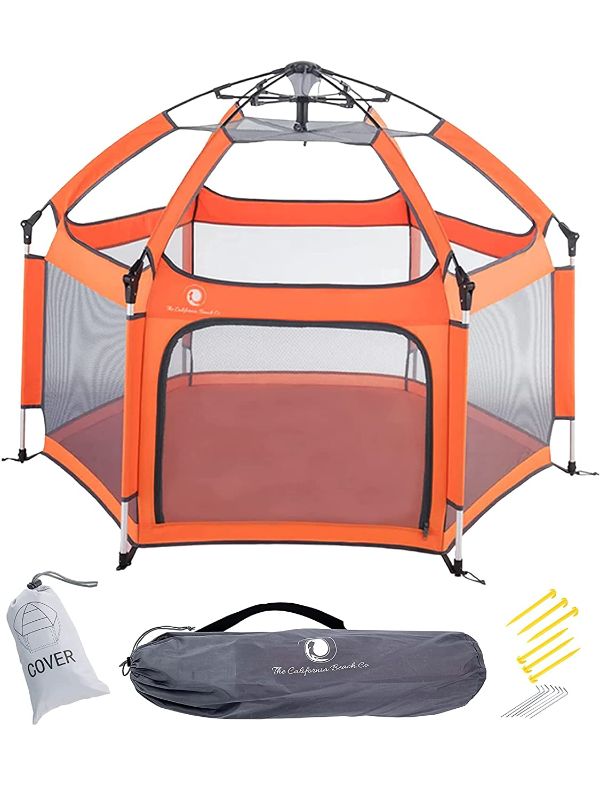 Photo 1 of POP 'N GO Premium Outdoor and Indoor Baby Playpen - Portable, Lightweight, Pop Up Pack and Play Toddler Play Yard w/ Canopy and Travel Bag - Orange
