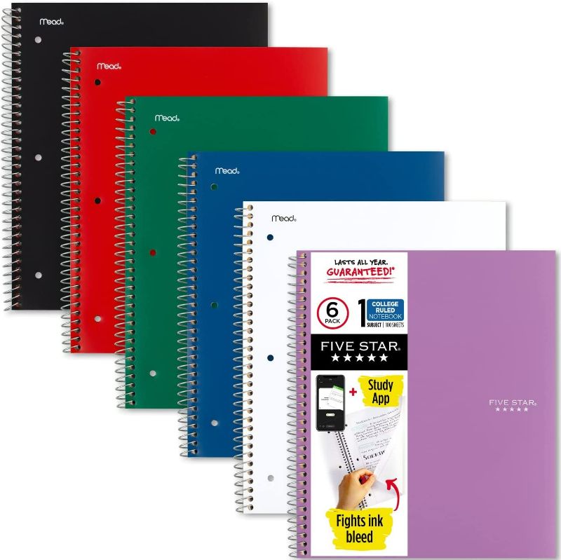 Photo 1 of Five Star Spiral Notebooks with Pockets Plus Study App, 6 Pack, 1-Subject, College Ruled Paper, 11” x 8-1/2", 100 Sheets, Assorted Colors