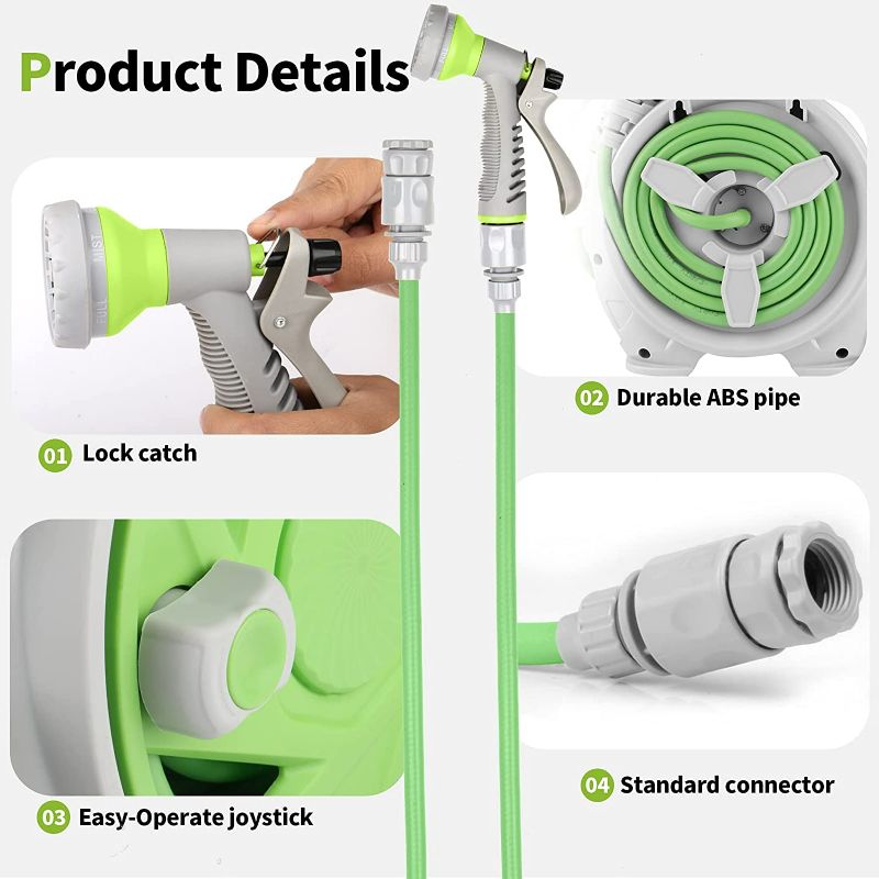 Photo 3 of Wofeili Garden Retractable Hose Reel, Portable Simple Home Hose Reel 45+5 FT with 5 Patterns Spray Nozzle, Wall Mounted and Any Length Lock for Garden Watering, Car Washing, Pet (Green)