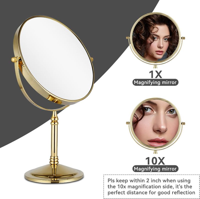 Photo 2 of DOWRY Makeup Mirror 10x Magnification Vanity Mirror Tabletop Two-Sided Swivel Gold Finish Gold 10x