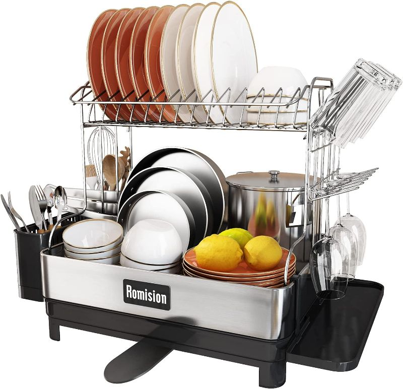 Photo 1 of Dish Rack and Drainboard Set, 304 Stainless Steel 2 Tier Large Dish Drying Rack with Swivel Spout, Dish Strainer for Kitchen Counter with Utensil Holder,
