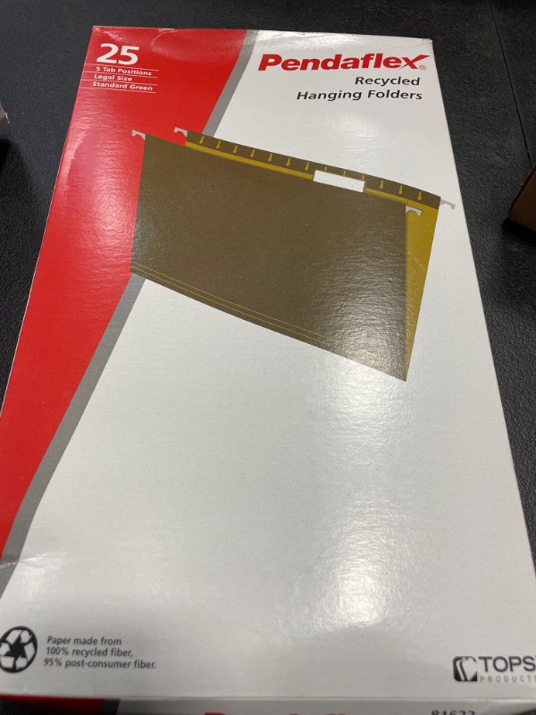 Photo 2 of Pendaflex Recycled Hanging Folders, Legal Size, Standard Green, 1/5 Cut, 25/BX (81622) Legal 1/5 Cut Folders