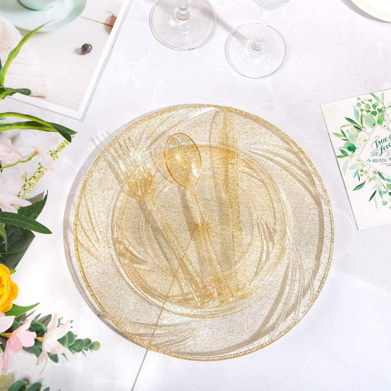 Photo 2 of WDF 40Guest Gold Glitter Plates - Disposable Plastic Silverware,Gold Glitter Plastic Dinnerware include 40 Dinner Plates,40 Salad Plates,40Forks, 40 Knives, 40 Spoons
