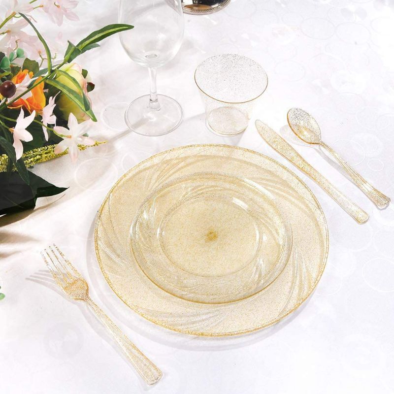 Photo 3 of WDF 40Guest Gold Glitter Plates - Disposable Plastic Silverware,Gold Glitter Plastic Dinnerware include 40 Dinner Plates,40 Salad Plates,40Forks, 40 Knives, 40 Spoons
