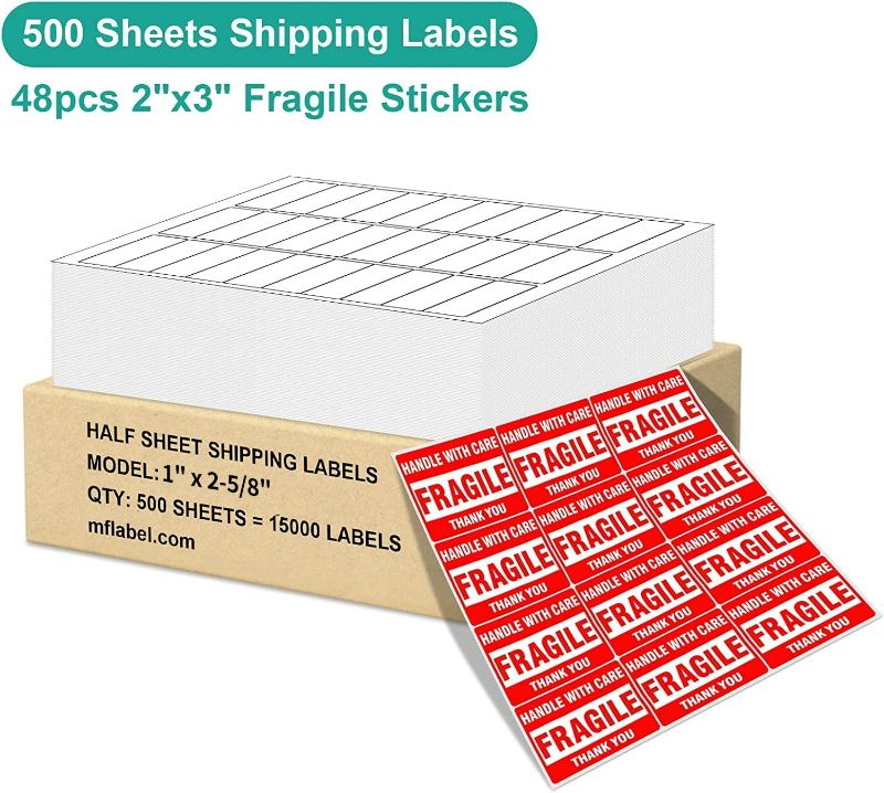Photo 3 of MFLABEL Address Labels, 1"x2-5/8" Mailing Labels , 30-UP White Shipping Labels for Inkjet or Laser Printer, 15000 Sticker Labels (500 Sheets), 30 Labels per Sheet
