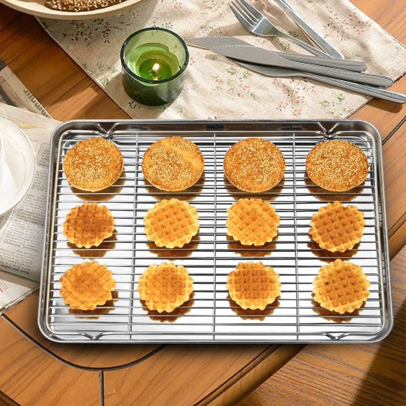 Photo 4 of Wildone Baking Sheet & Rack Set [2 Sheets + 2 Racks], Stainless Steel Cookie Pan with Cooling Rack, Size 16 x 12 x 1 Inch, Non Toxic & Heavy Duty & Easy Clean
