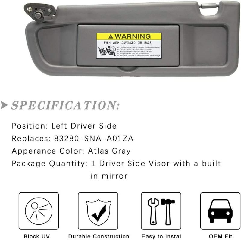 Photo 3 of Left Driver Side Sun Visor Replacement for 2006 2007 2008 2009 2010 2011 Honda Civic EX LX Sedan SI Coupe 83280-SNA-A01ZA Sun Visor Assembly (Atlas Gray)
