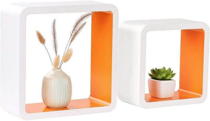 Photo 1 of Homewell Set of 2 Cube Floating Shelves, Wood Wall Shelves for Home Decoration, Storage Display Rack, White+Orange.
