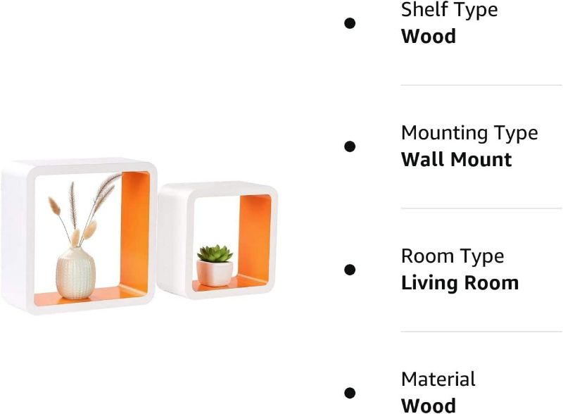 Photo 3 of Homewell Set of 2 Cube Floating Shelves, Wood Wall Shelves for Home Decoration, Storage Display Rack, White+Orange.
