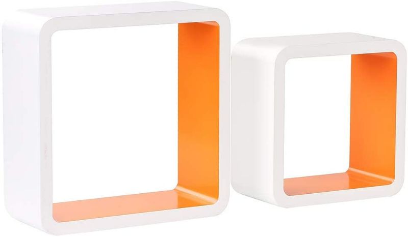 Photo 2 of Homewell Set of 2 Cube Floating Shelves, Wood Wall Shelves for Home Decoration, Storage Display Rack, White+Orange.
