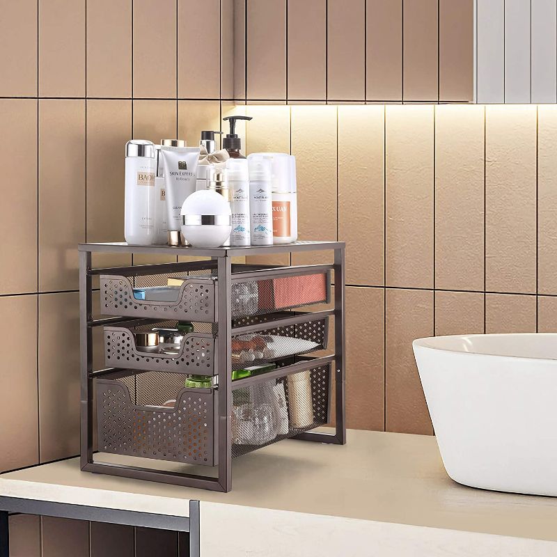 Photo 4 of Simple Trending 3-Tier Under Sink Cabinet Organizer with Sliding Storage Drawer, Desktop Organizer for Kitchen Bathroom Office, Stackbale, Bronze
