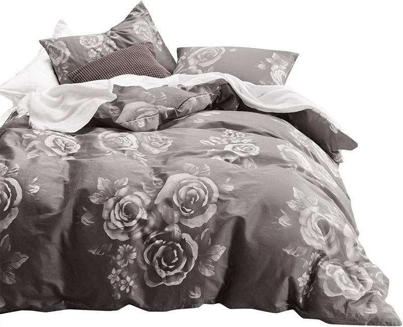 Photo 1 of DESIGN PATTERN  UNKNOWN SEE PHOTO Wake In Cloud - Floral Comforter Set, 100% Cotton Fabric with Soft Microfiber Fill Bedding, White Rose Flowers Pattern Printed on Dark Gray Grey (3pcs, Queen Size)
