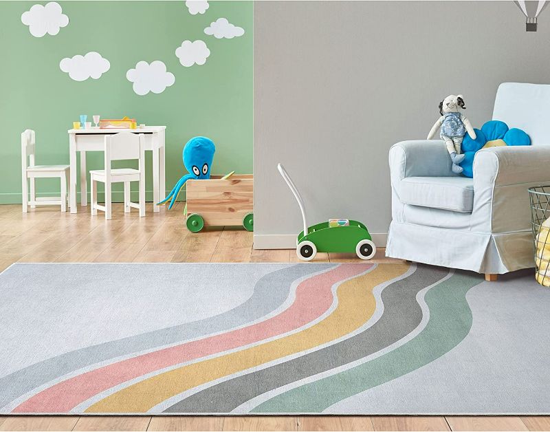 Photo 3 of Well Woven Kids Modern Rugs Curved Rainbow 5' x 7' Multi Color Printed Machine Washable Area Rug
