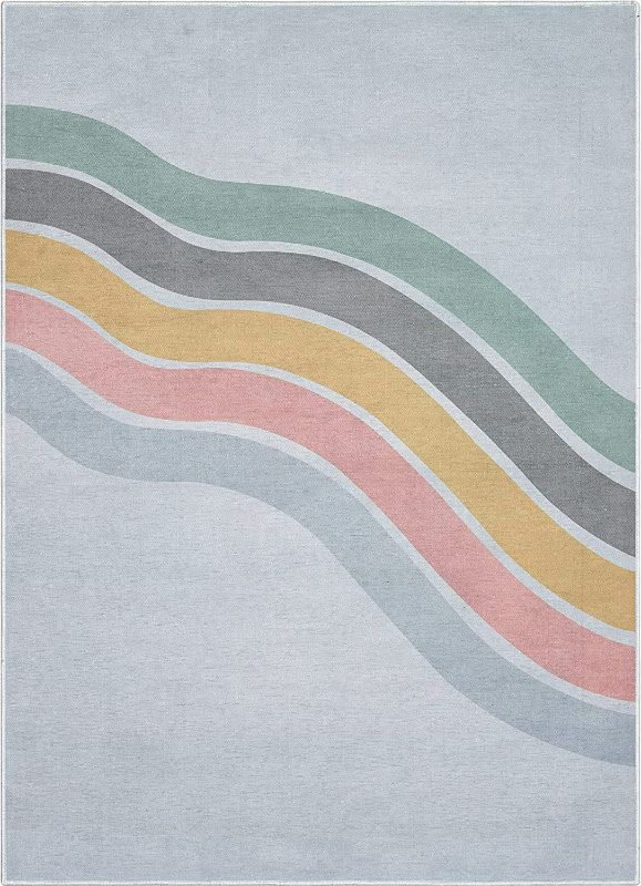 Photo 2 of Well Woven Kids Modern Rugs Curved Rainbow 5' x 7' Multi Color Printed Machine Washable Area Rug
