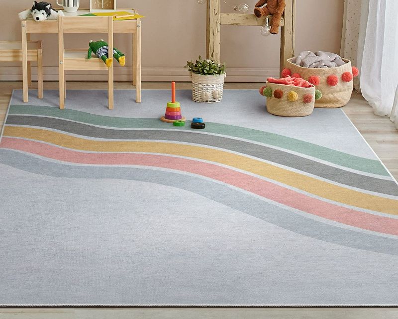 Photo 1 of Well Woven Kids Modern Rugs Curved Rainbow 5' x 7' Multi Color Printed Machine Washable Area Rug
