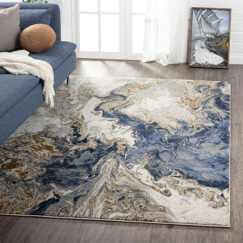 Photo 2 of LUXE WEAVERS Marble Collection Blue Area Rug 5x7 Modern Abstract Swirl Design Non-Shedding Carpet
