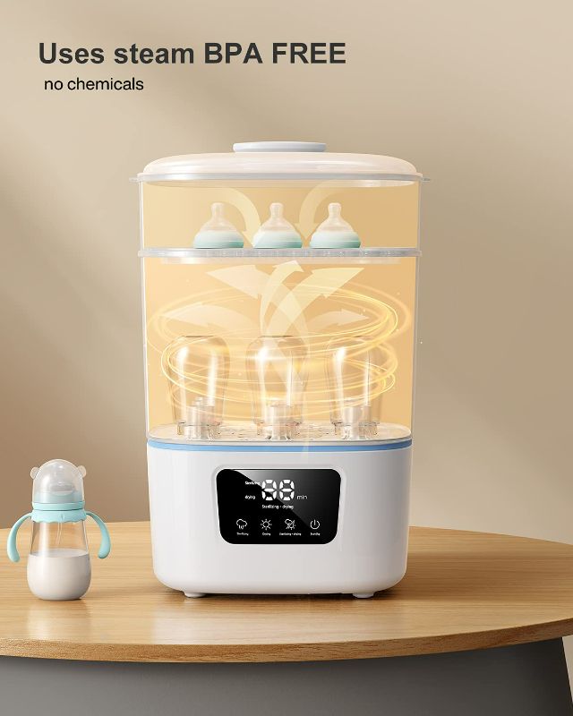 Photo 3 of CocoBear 3-in-1 Electric Steam Sterilizer and Dryer Premium for up to 9 Baby Bottles, Pacifiers, Pumps and Accessories, Compact Design, Holds Wide Narrow and Angled Bottles
