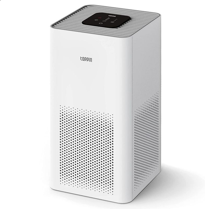 Photo 1 of TOPPIN Air Purifiers for Pets in Bedroom, TPAP001 H13 HEPA Air Filter for Home Large Room Up to 645 sqft, Air Cleaner for 99.97% Smoke, Dust, Allergies, Pollen, Odor, 21db Filtration System Eliminator (White, 8 x 8 x 18 inch)
