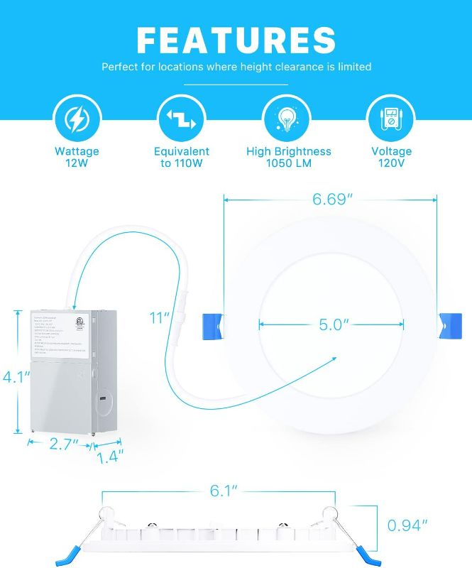 Photo 4 of Ensenior 12 Pack 6 Inch Ultra-Thin LED Recessed Ceiling Light with Junction Box, 3000K Warm White, 12W 110W Eqv, Dimmable Can-Killer Downlight, 1050LM High Brightness - ETL and Energy Star Certified
