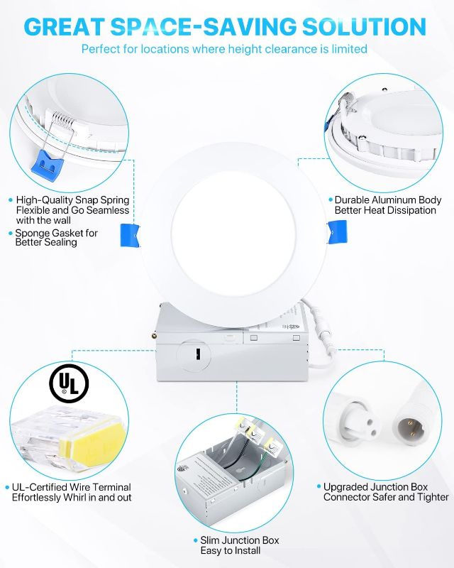 Photo 2 of Ensenior 12 Pack 6 Inch Ultra-Thin LED Recessed Ceiling Light with Junction Box, 3000K Warm White, 12W 110W Eqv, Dimmable Can-Killer Downlight, 1050LM High Brightness - ETL and Energy Star Certified
