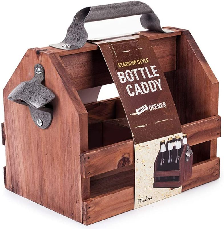 Photo 1 of Mealivos Wooden Bottle Caddy, 6-Pack Beer Carrier with Built-In Metal Bottle Opener, Beer Buckets for 6 Beers
