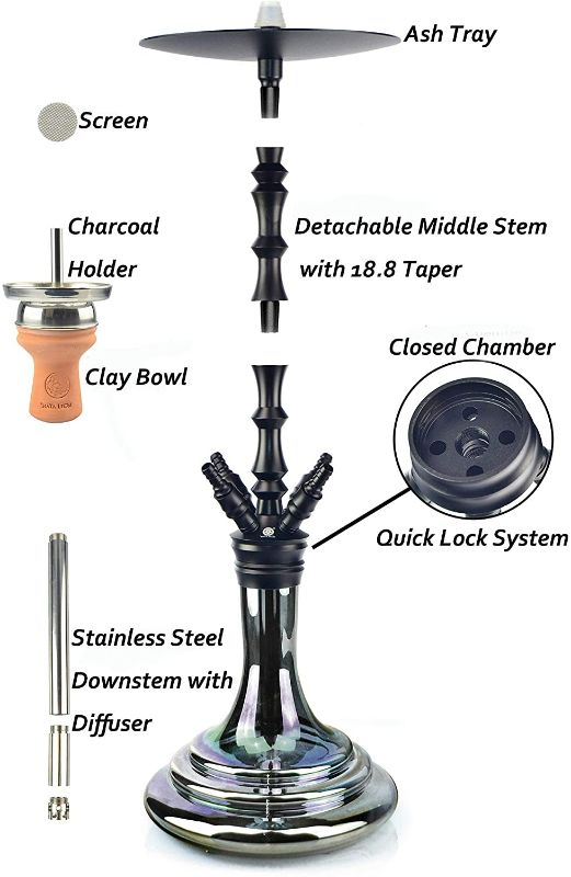 Photo 3 of Complete Hookah Set with Everything - 4 Hookah Hose Portable Glass Hookahs Set with Washable Clay Hooka Bowl Coal Tongs Silicone Bong Aluminum Stem with Diffuser for Narguile Smoking
