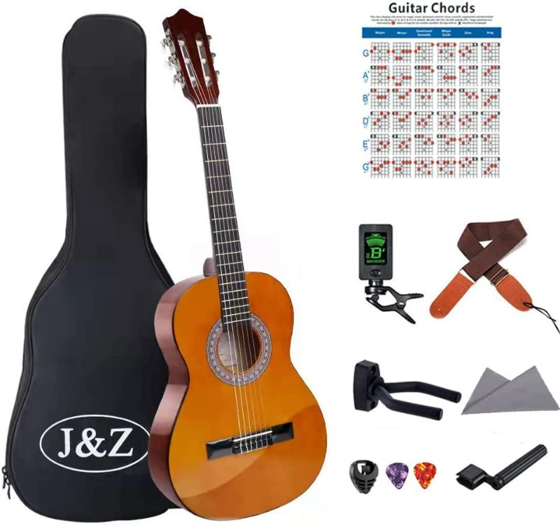Photo 1 of Beginner Classical Acoustic Guitars 36 Inch 3/4 Size Kids Junior Guitar Guitarra Acustica Soft Nylon Strings With Chord Poster Bag Strap Tuner Hanger Strings Winder Picks Holder and Wipe
