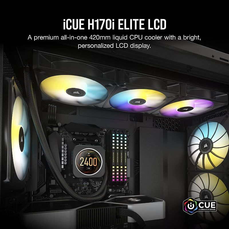 Photo 2 of CORSAIR iCUE H170i ELITE LCD Display Liquid CPU Cooler-Custom IPS LCD Screen-48 Dynamic RGB LEDs-140mm Fans -420mm Radiator-COMMANDER CORE Smart Lighting Controller
