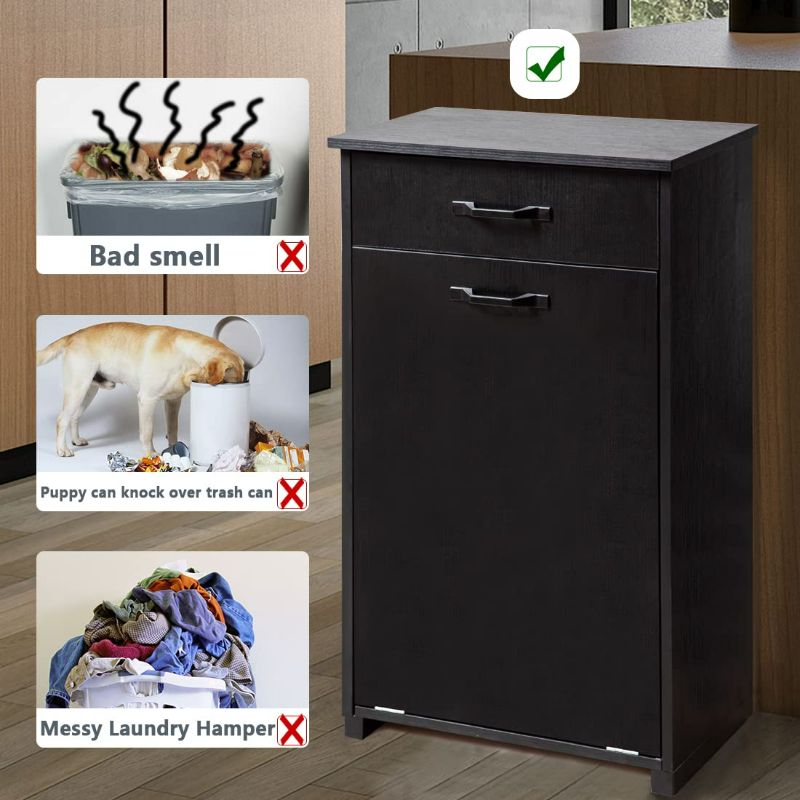 Photo 2 of JDECO Tilt Out Trash Cabinet Wood Freestanding Trash Can Holder with Hideaway Drawer Wooden Tilt Out Laundry Hamper Dog-Proof Kitchen Trash Bin for Hidden Trash (Black)