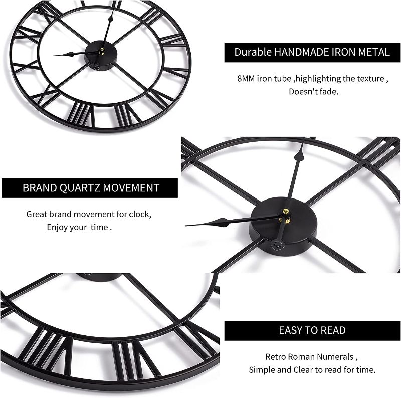 Photo 3 of LEIKE Large Modern Metal Wall Clocks 60CM / 24 Inch Rustic Round Nearly Silent Little Ticking Battery Operated Black Roman Numerals Clock for Living Room/Bedroom/Kitchen Wall Decor-60cm