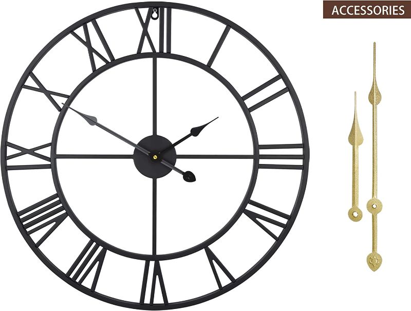 Photo 2 of LEIKE Large Modern Metal Wall Clocks 60CM / 24 Inch Rustic Round Nearly Silent Little Ticking Battery Operated Black Roman Numerals Clock for Living Room/Bedroom/Kitchen Wall Decor-60cm