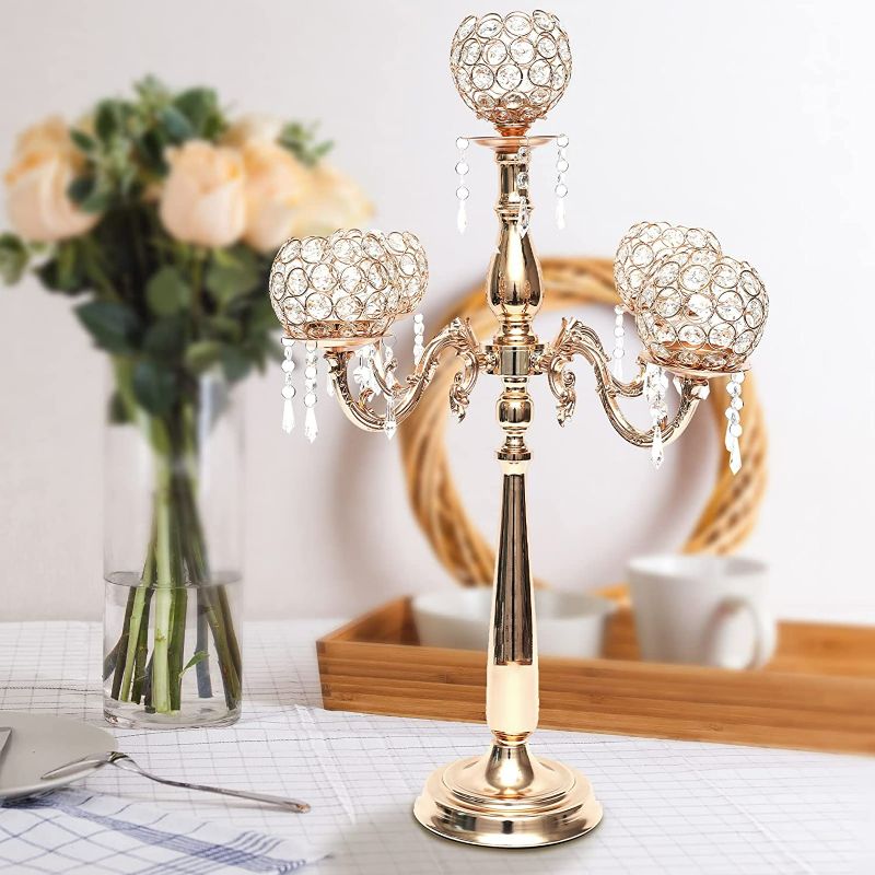 Photo 2 of 75cm/29.5inch Crystal Candelabra 5 Arms Crystal Candle Holders Classic Elegant Design with Crystal Drops Retro Candlestick Holder for Wedding Dinner Table Decoration Gifts