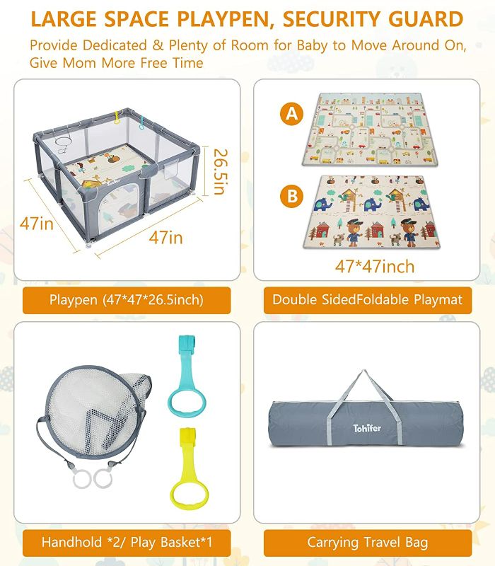 Photo 2 of Baby Playpen with Mat, Large Baby Playard for Toddler, BPA-Free, Non-Toxic, Safe No Gaps Play Yard for Babies, Indoor & Outdoor Kids Activity Center 47"x47"x26.5" with 0.4" Foldable Playmat