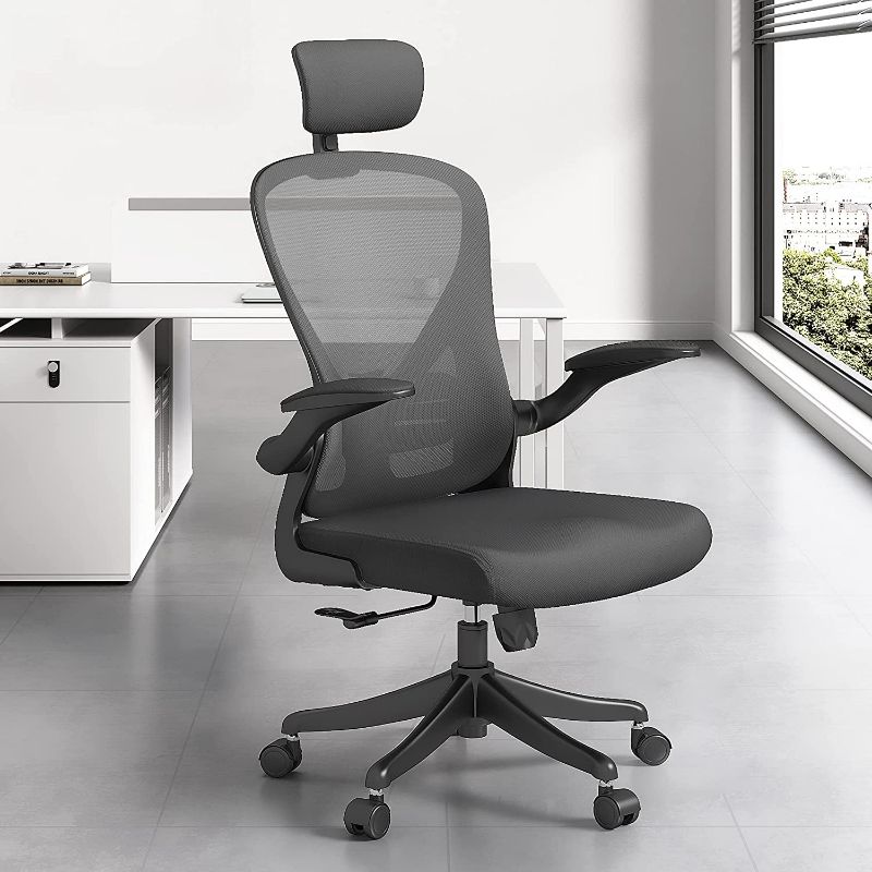 Photo 1 of ALLLUCK Ergonomic Office Chair Office Chair with Lumbar Support & Headrest & Flip Up Arms Black Mesh Home Desk Chair Height Adjustable Computer Chair Swivel 360° Rockable Study Chair