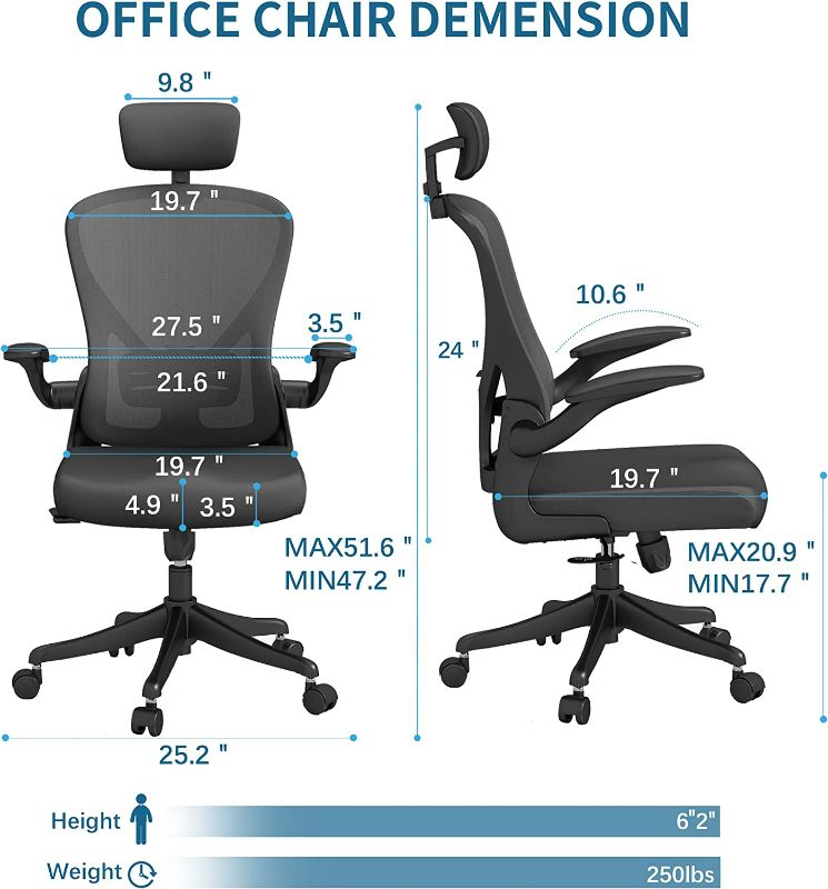 Photo 2 of ALLLUCK Ergonomic Office Chair Office Chair with Lumbar Support & Headrest & Flip Up Arms Black Mesh Home Desk Chair Height Adjustable Computer Chair Swivel 360° Rockable Study Chair